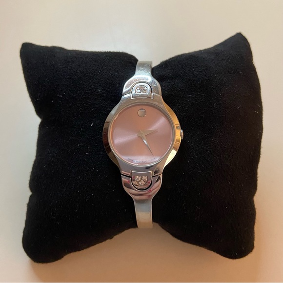 Movado Ladies bangle watch Stainless Steel silver tone w/pink face & diamonds - Picture 1 of 7